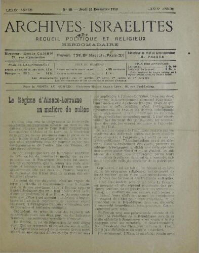 Archives israélites de France. Vol.79 N°50 (12 déc. 1918)
